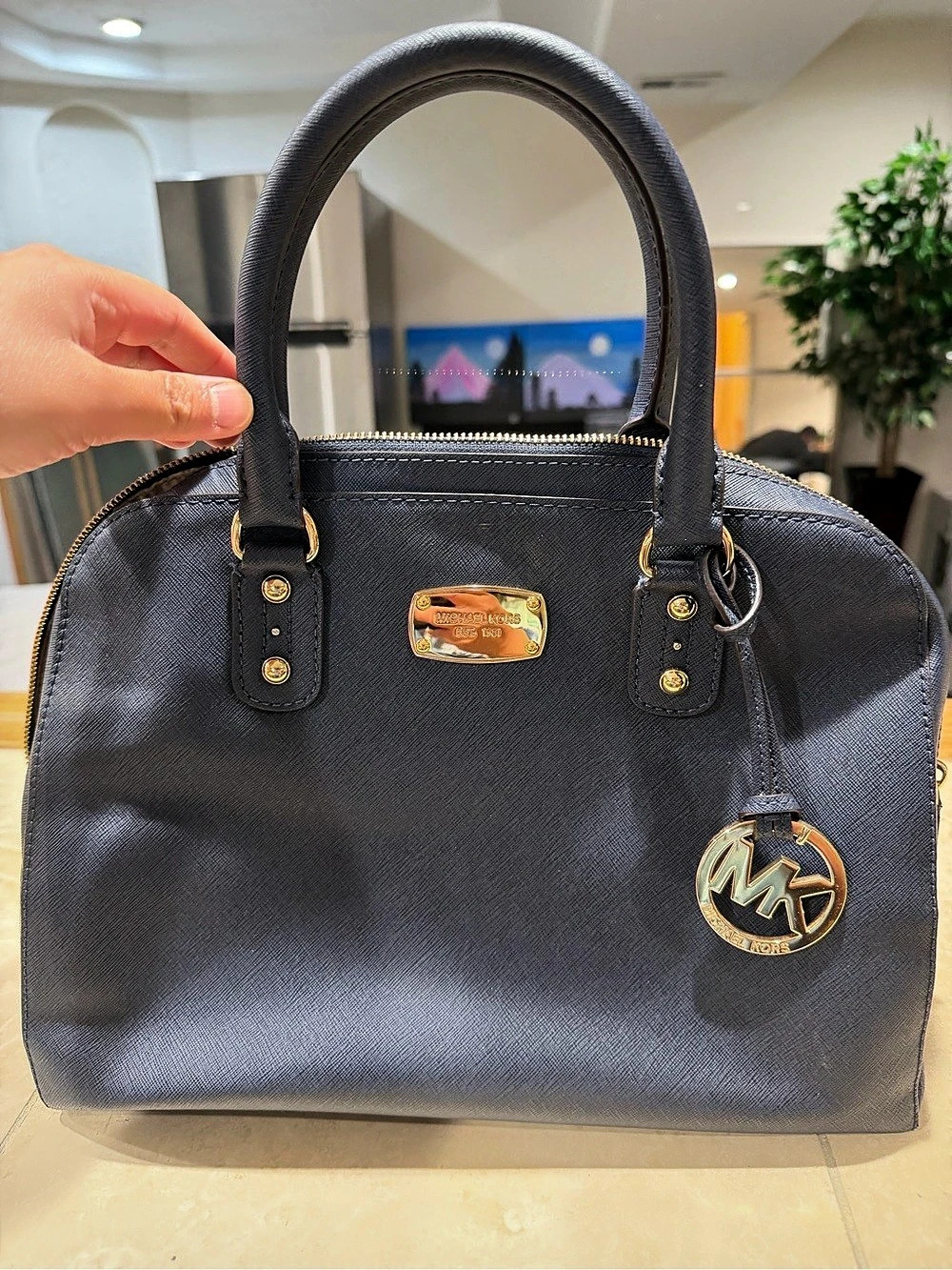 Michael Kors Saffiano Leather Dome Satchel Black Gold-Tone Hardware